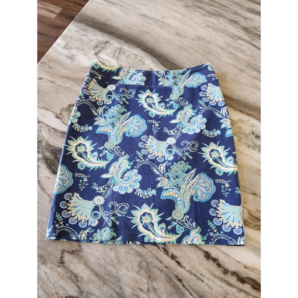 J.McLaughlin Navy Blue Paisley Cotton Spandex Stretch Pencil Skirt Womens Size 6